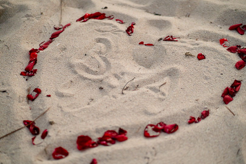 Flower petals in the sand beach wedding