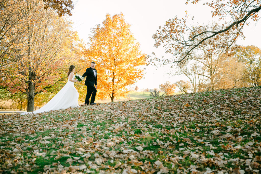 St Louis Forest Park Grand Basin fall wedding photo
