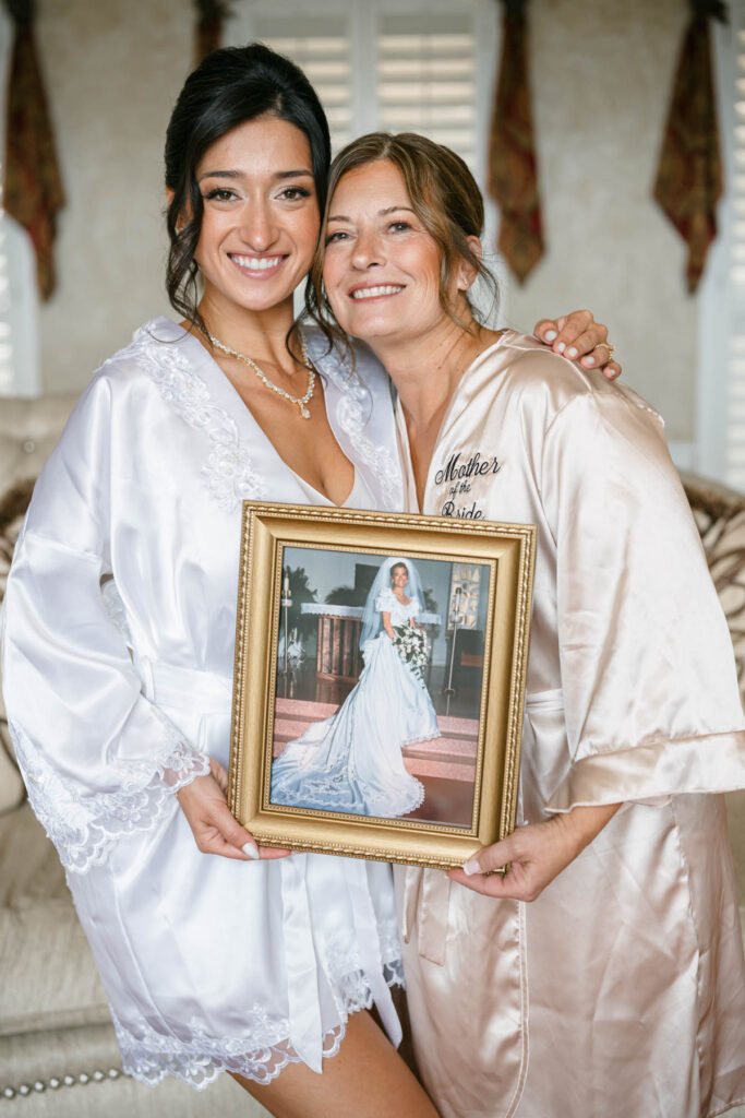 bride in a robe made from her mother's wedding dress